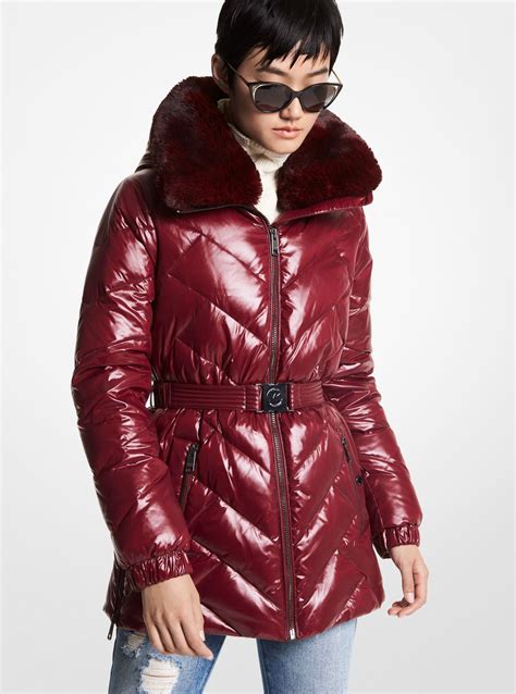 michael kors mantel faux fur|Faux Fur Trim Quilted Belted Puffer Jacket .